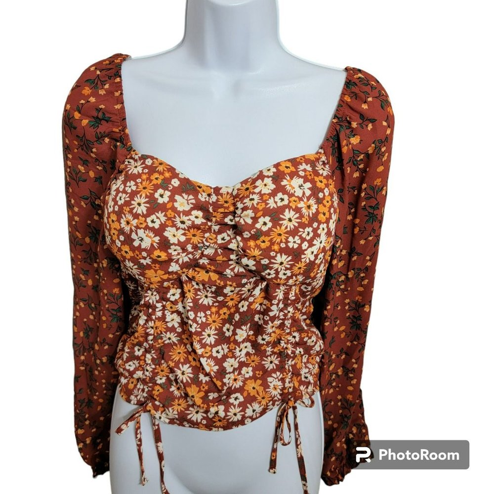 Madden NYC Top, JR Girl's XL (15-17) Rust w/Floral Print, Smocked, Cropped, NWT